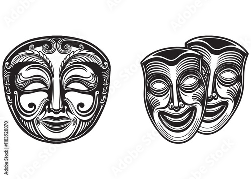 theatrical mask vector logo silhouette, tragedy mask silhouette, Comedian mask silhouette, Theatre mask silhouette vector illustration design on white background.