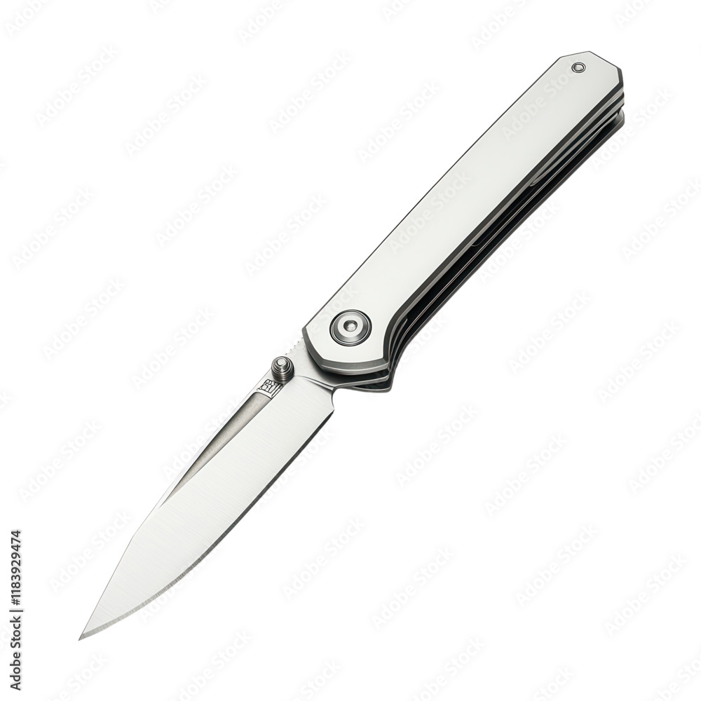 Sleek silver pocket knife with open blade on pristine white surface, ideal for minimalist design and modern utility contexts Sleek silver pocket knife with open blade on pristine white surface, ideal for minimalist design and modern utility contexts