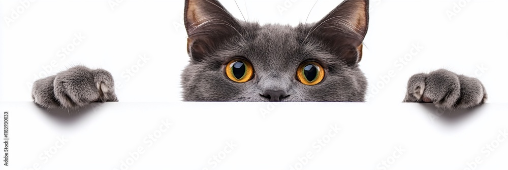 Fototapeta premium Curious gray cat peeking over white surface, paws visible.