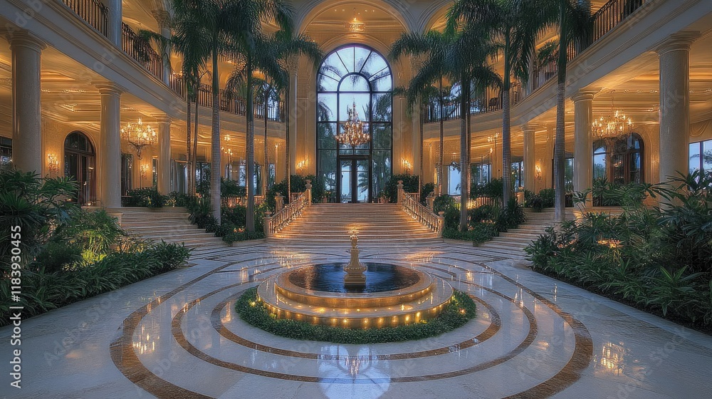 Obraz premium Grand Estate Entrance with Central Fountain and Palm Trees