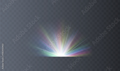 Lens explosion, spark, spark. Glowing bright light explosion effect. Crystal The effect of a bright flickering flash of light on a transparent background with ray.Vector illustration.	