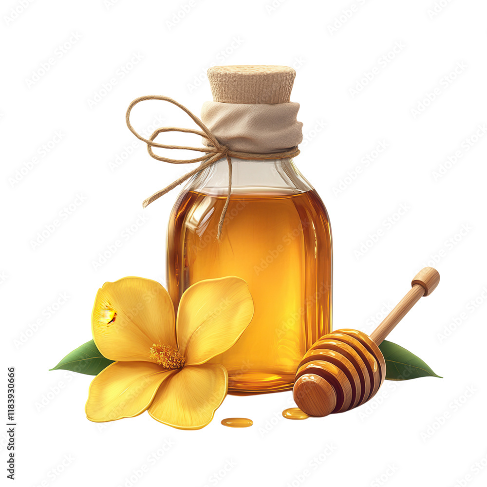 Fresh Honey in Glass Bottle with Wooden Dipper on Clean White Surface, Ideal for Culinary and Wellness Uses Fresh Honey in Glass Bottle with Wooden Dipper on Clean White Surface, Ideal for Culinary and Wellness Uses