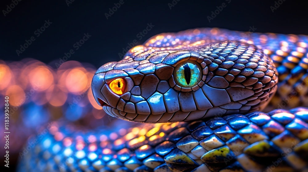 Fototapeta premium Mesmerizing Viper: A Close-Up Encounter with a Nocturnal Serpent