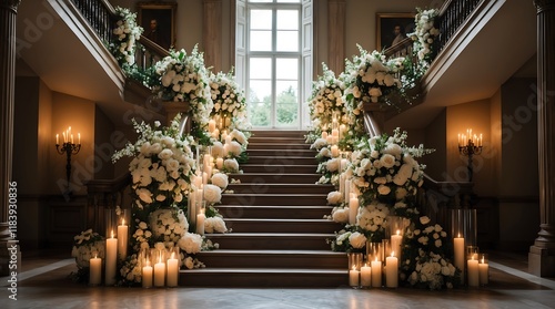 Grand Staircase Decorated with Elegant White Flowers and Candles
