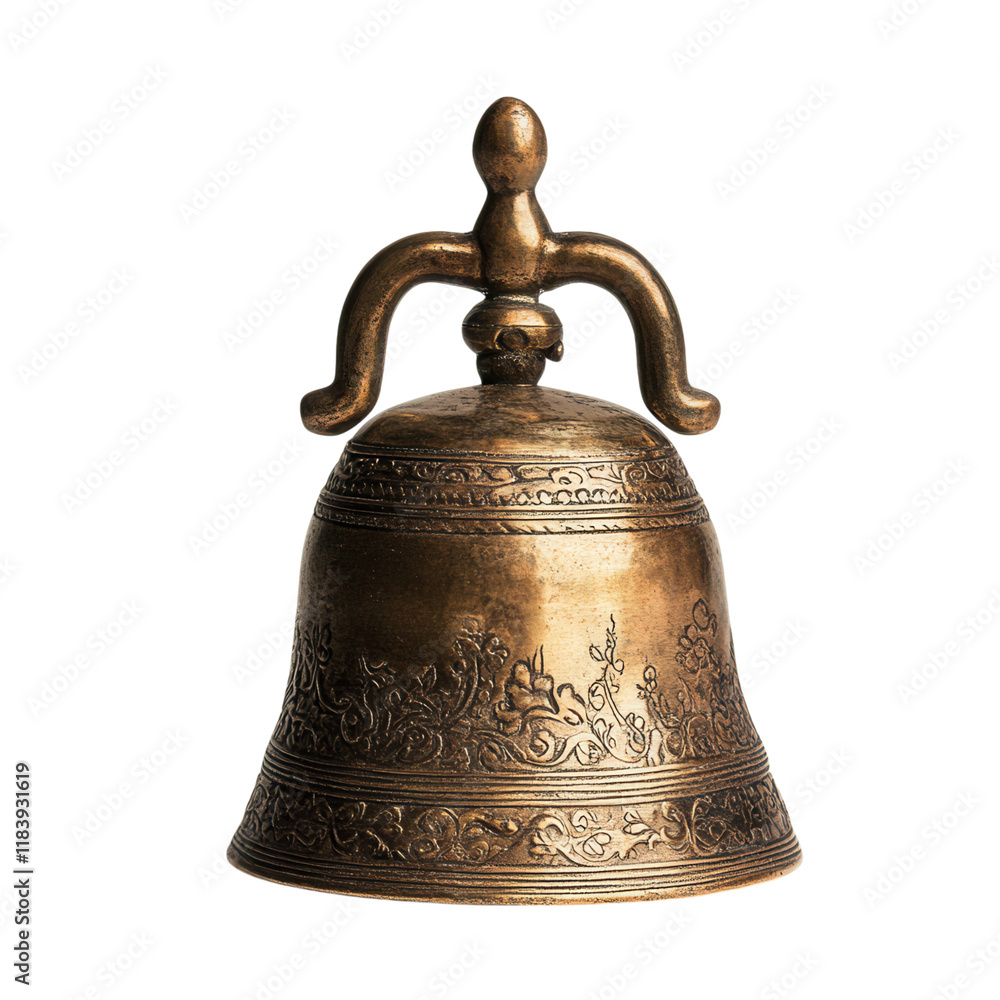 Brass Bell with Handle on White Background, elegant small bell, polished brass finish, perfect for decorative use or sound signaling Brass Bell with Handle on White Background, elegant small bell, polished brass finish, perfect for decorative use or sound signaling