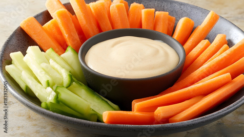 Healthy snack preparation fresh carrots and celery with dip kitchen food photography bright lighting wellness photo