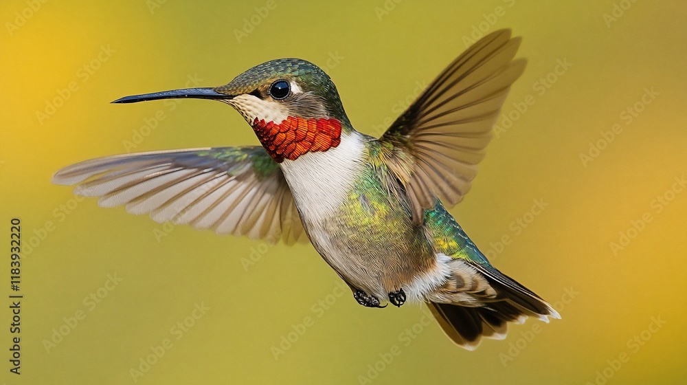 Fototapeta premium Hummingbird in flight, garden bokeh, nature, wildlife photography