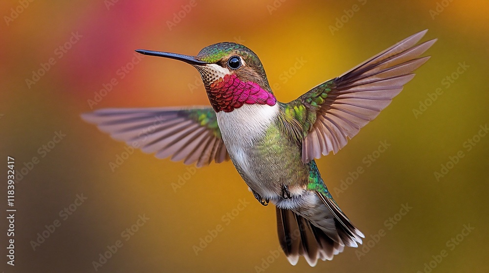 Fototapeta premium Hummingbird hovering, autumn leaves, garden, nature