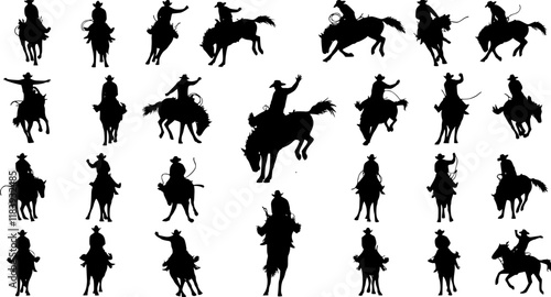 vector set of A cowboy rides a bucking bronco in a rodeo performance.