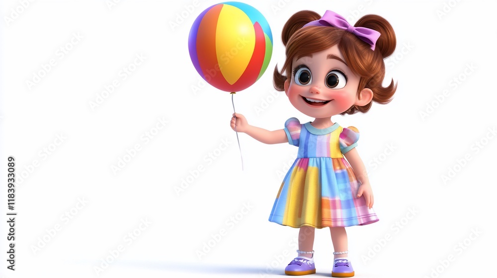 Cute cartoon girl holding colorful balloon.