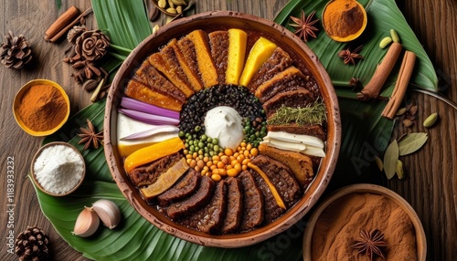 Traditional Indonesian Lapis Legit Dessert Displayed in a Bowl Surrounded by Spices and Herbs photo