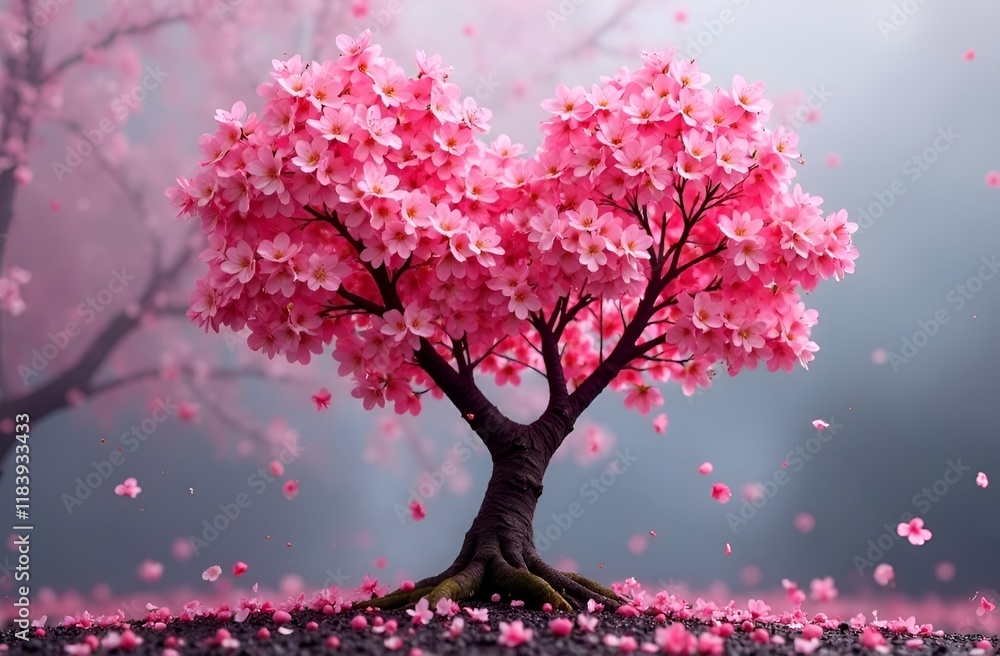 Fototapeta premium Romantic chinese Cherry Blossoms tree. Perfect banner with sakura tree in shape of Heart. Romance Happy Valentine's Day background template design. Spring wallpaper with Cherry Blossom