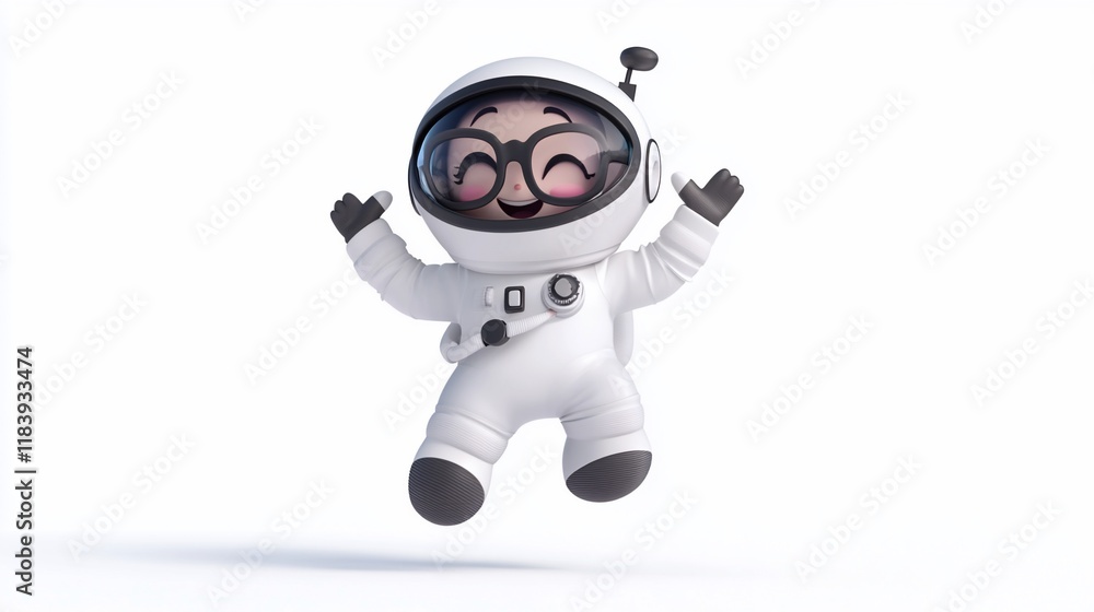 Fototapeta premium Happy cartoon astronaut jumping in space suit.