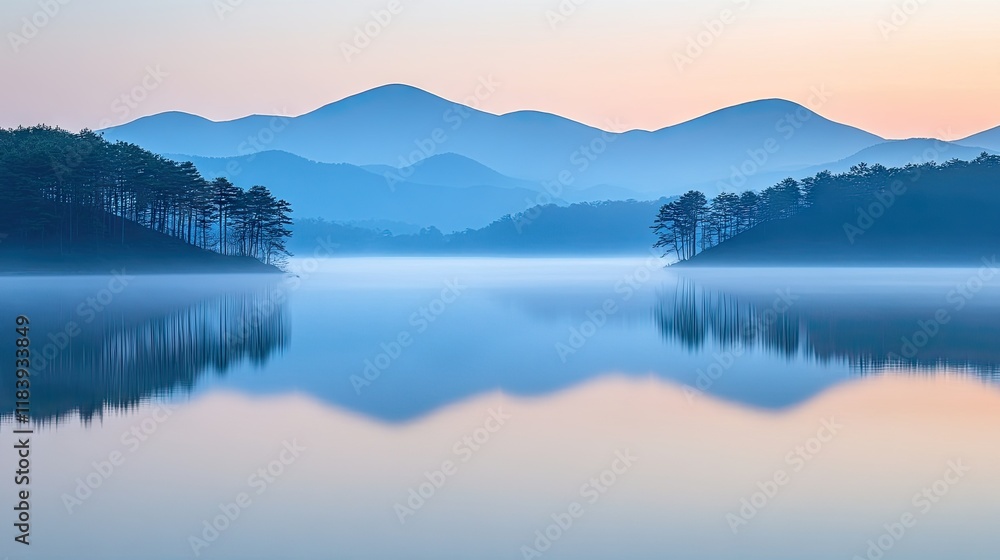 Fototapeta premium Serene lake reflecting the soft colors of sunrise, tranquil mountains in the background