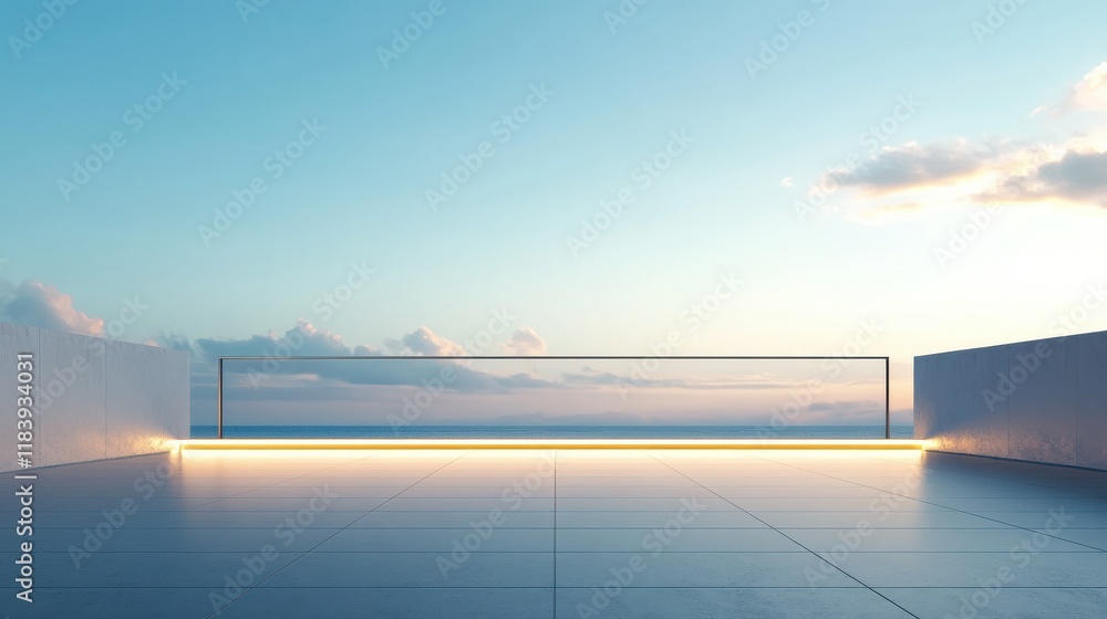 Obraz premium Blank open air presentation stage with glowing light between fence and floor and blue sky on background. 3D rendering, mock up