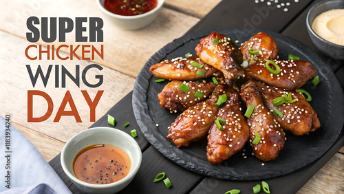 Bold and appetizing banner for super chicken wing day celebration.