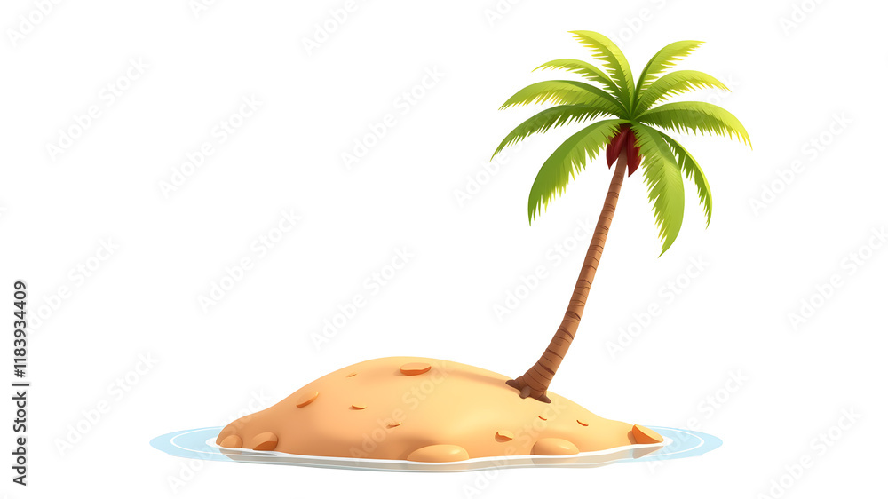 Fototapeta premium A 2d pop art animated drawing of a palm tree on a small dessert island on a white background. Generative AI