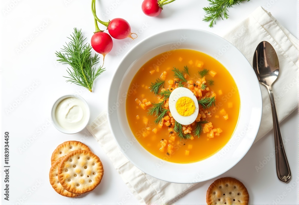 Russian Okroshka Soup with Boiled Egg, Fresh Herbs, Crackers, Radishes, Dill, and Sour Cream in a White Bowl on a White Background Russian Okroshka Soup with Boiled Egg, Fresh Herbs, Crackers, Radishes, Dill, and Sour Cream in a White Bowl on a White Background