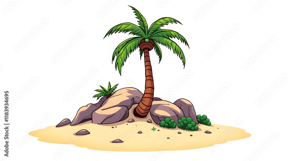Obraz premium A 2d pop art animated drawing of a palm tree on a small dessert island on a white background. Generative AI