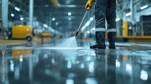 Factory floor cleaning worker pressure washing industrial space