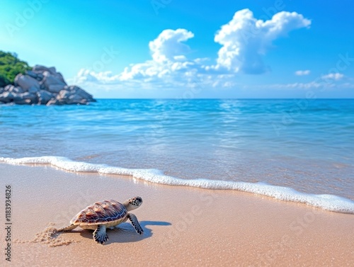 Turtle walking on a sandy beach. photo