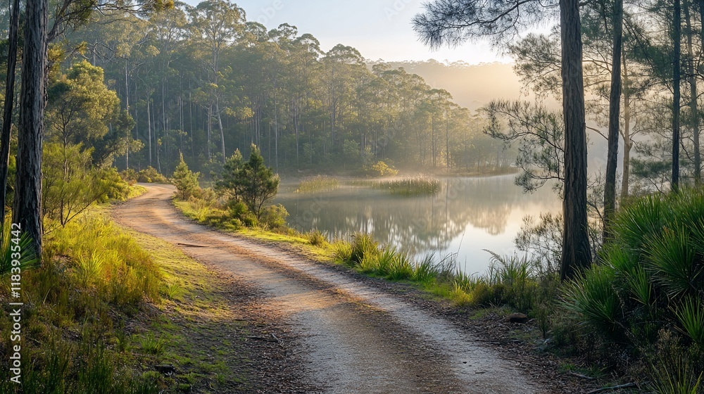 Obraz premium Serene sunrise over calm lake, dirt road winds through misty forest.