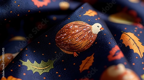 A close-up of a Thanksgiving tie with playful illustrations of roasted turkey and pie, set in vibrant colors. The fun, colorful design adds a festive and lighthearted touch to the holiday outfit.  photo