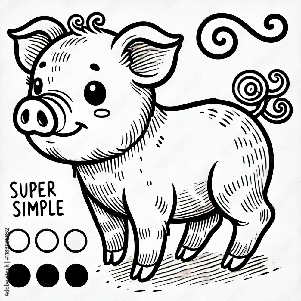 Fototapeta premium Black white lineart coloring book, cute animal character. Cute piglet cartoon with smiling face and happy face.