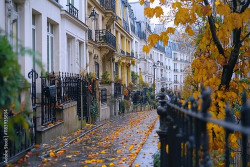 Parisian street in autumn with fallen leaves, classic architecture, and wrought-iron fences. photo