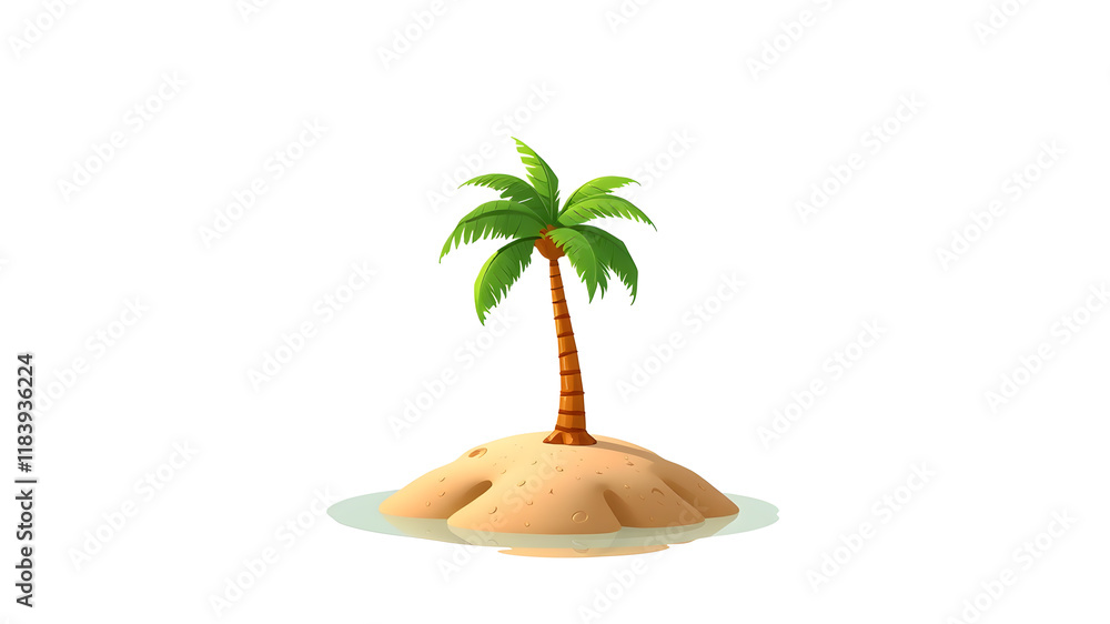 Obraz premium A 2d pop art animated drawing of a palm tree on a small dessert island on a white background. Generative AI