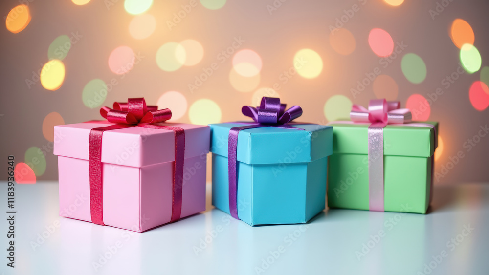 Obraz premium Colorful Wrapped Gifts with Bows Against Sparkling Bokeh Background
