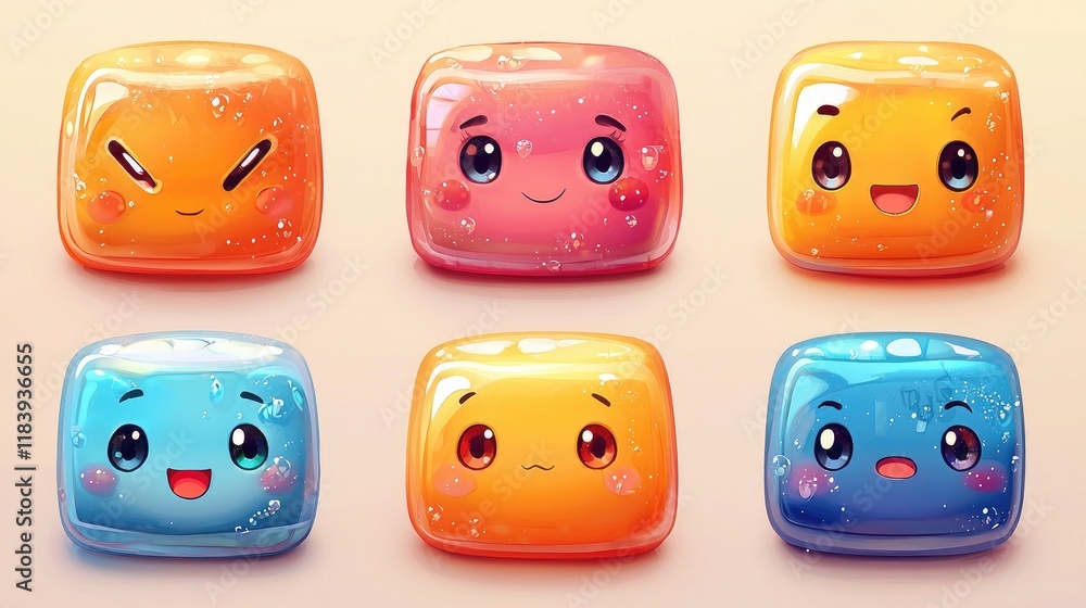 Fototapeta premium Adorable Kawaii Jelly Cubes: Cute Cartoon Characters, Colorful Icons, Fun Digital Art, Whimsical Illustrations, Playful Designs, Sweet Emoji, Happy Graphics