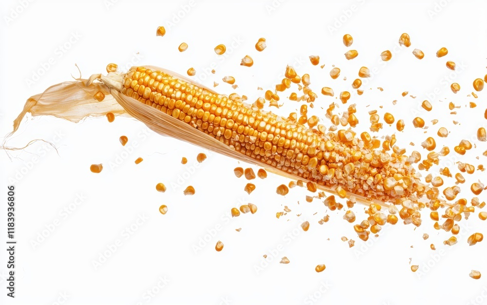 Fototapeta premium A deconstructed corn cob with kernels scattering in motion mid-air on white