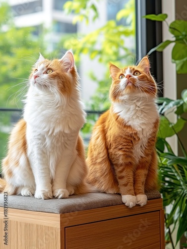 Two cats, a Maine Coon and a Calico, sitting on a chair in a living room, gazing out the window, enjoying the view. photo