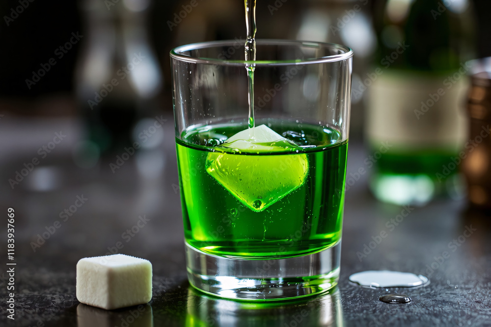Absinthe ritual setup featuring a glass of absinthe, sugar cube, and dripping water for a classic preparation scene. Absinthe ritual setup featuring a glass of absinthe, sugar cube, and dripping water for a classic preparation scene.