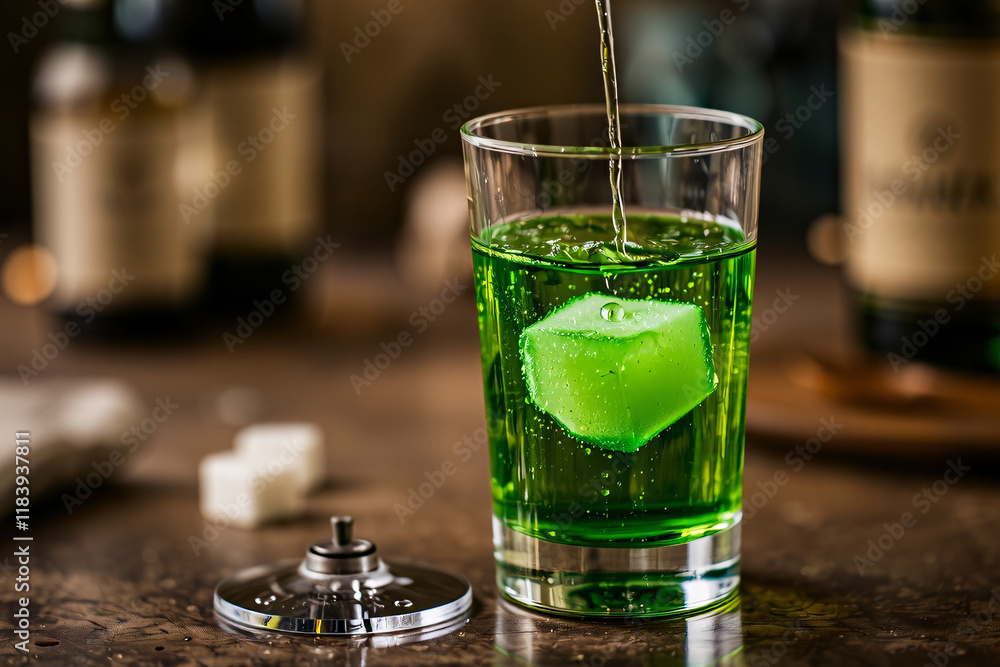 Absinthe ritual setup featuring a glass of absinthe, sugar cube, and dripping water for a classic preparation scene.