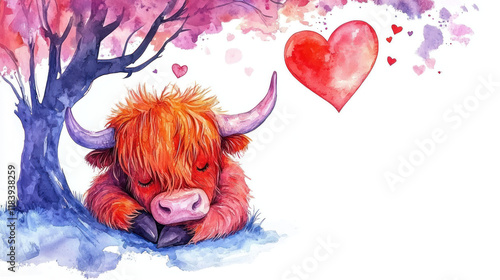 watercolor Highland cow resting under heart shaped tree, exuding tranquility and love photo