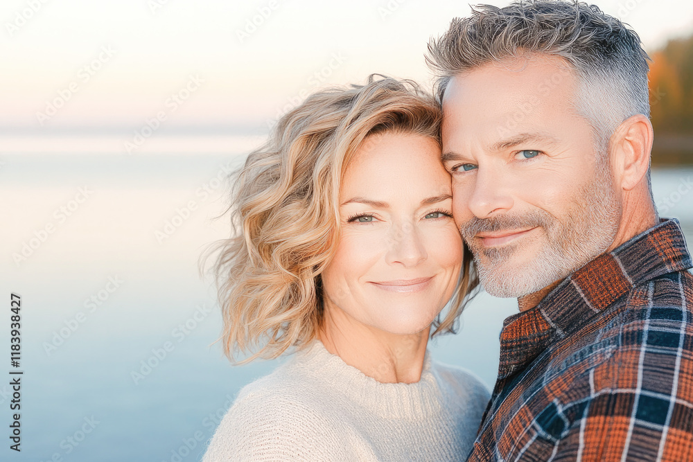Fototapeta premium Mature couple embracing by a serene lake during sunset, radiating love and harmony, symbolizing timeless togetherness. 