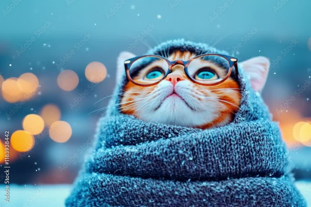 smart ginger cat in glasses blinks, looks up in admiration. snowing smart ginger cat in glasses blinks, looks up in admiration. snowing