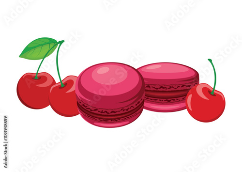 Cherry macarons and fresh cherries vector illustration. Red french macaroons icon vector isolated on a white background. Red macarons and fresh cherries drawing