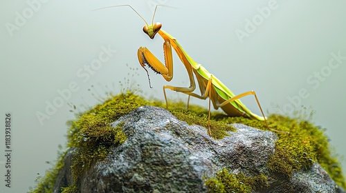 Praying mantis perched on mossy rock: close-up of insect in natural habitat photo