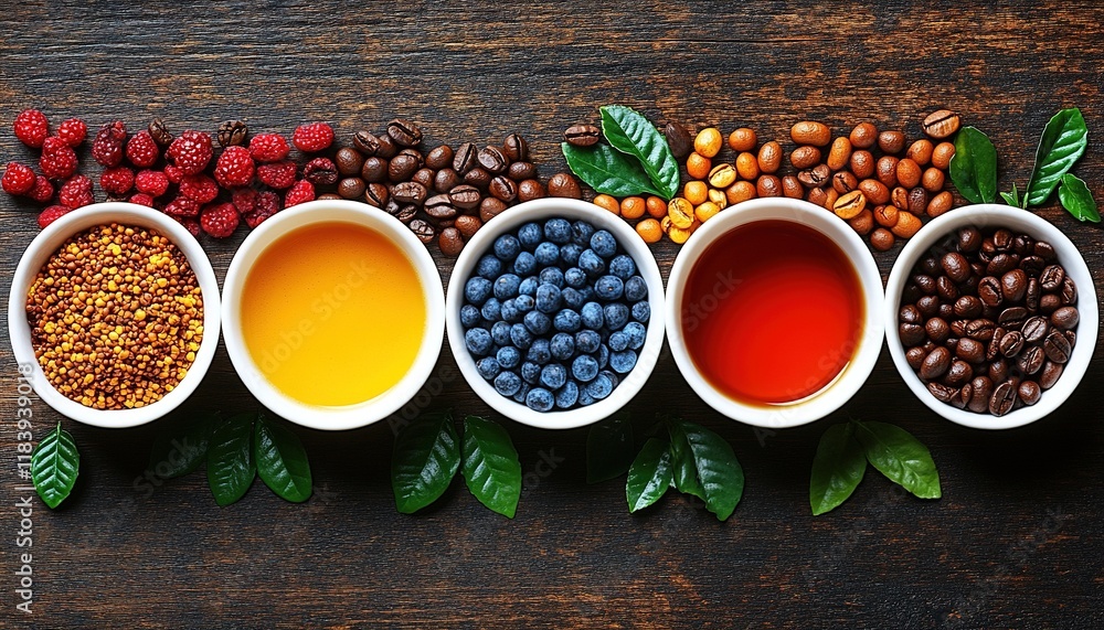 Fototapeta premium Colorful teas, berries, coffee, bee pollen on wood table