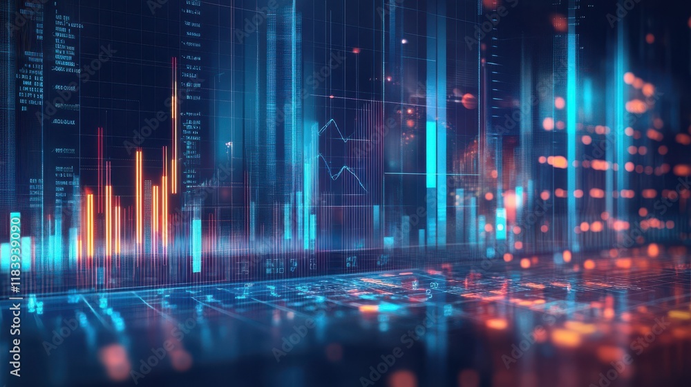 Big data and statistics concept with digital glowing growing graphs and diagrams on night megapolis city background. Double exposure