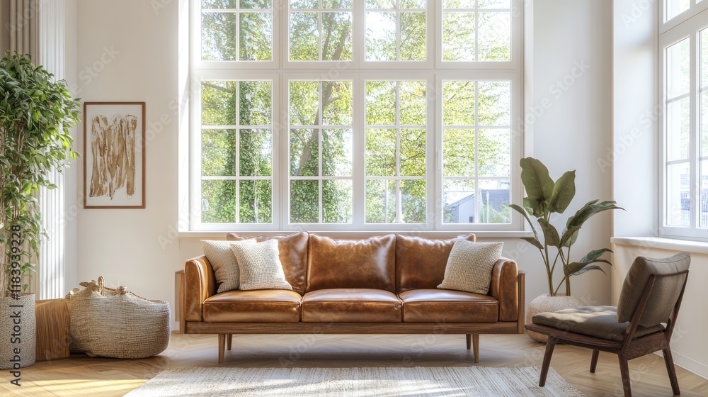 Fototapeta premium Hyperrealistic photo of a bright living room featuring a vintage leather sofa, rustic wooden furniture, and large windows letting in natural light. The stylish and cozy space is styled like a