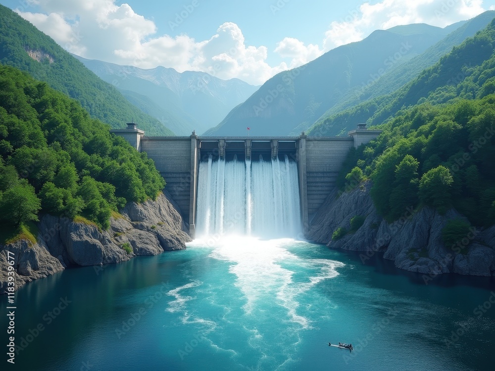 Green renewable energy harnessed at a hydroelectric dam surrounded by lush mountains under a clear sky Green renewable energy harnessed at a hydroelectric dam surrounded by lush mountains under a clear sky