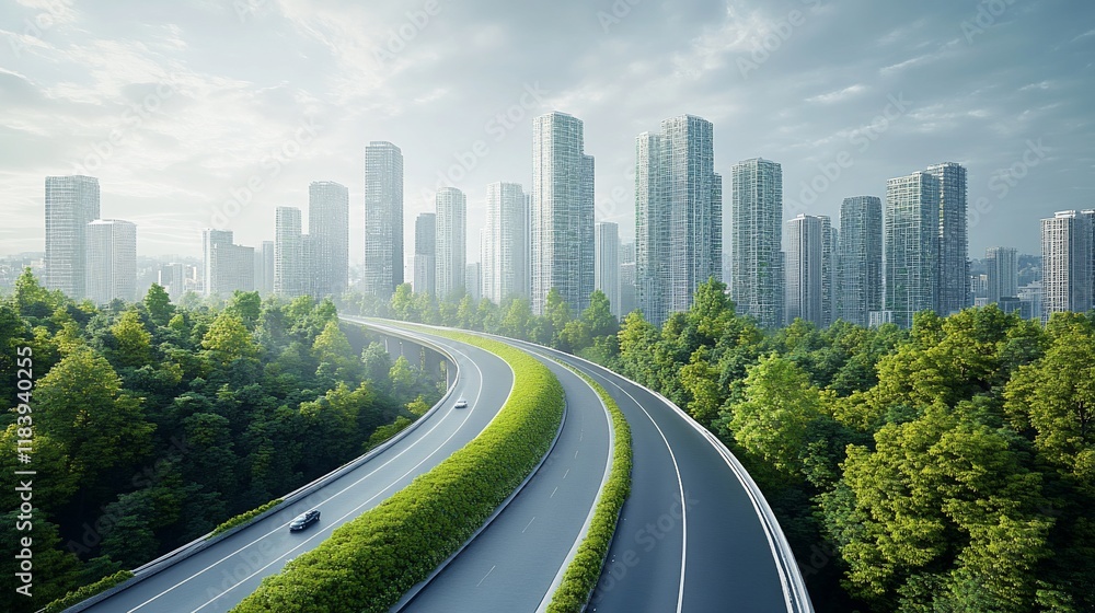 Fototapeta premium Elevated highway curves through city, green landscape