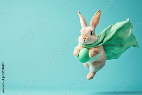 Cute rabbit in a cape jumping while holding a mint green egg against a bright background