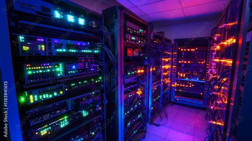 A high-tech server room filled with advanced data processing equipment and glowing network connections, symbolizing cutting-edge telecommunication network technology and innovations A high-tech server room filled with advanced data processing equipment and glowing network connections, symbolizing cutting-edge telecommunication network technology and innovations