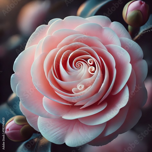 Camellia Delicate Pale pink spirals unfurl from a camellia relea photo