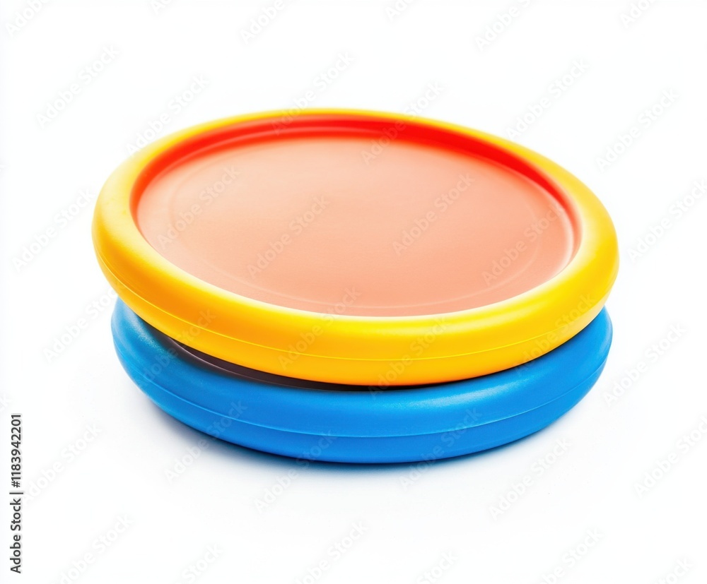 Colorful flying discs stacked on top of each other against a white background for outdoor recreation options Colorful flying discs stacked on top of each other against a white background for outdoor recreation options